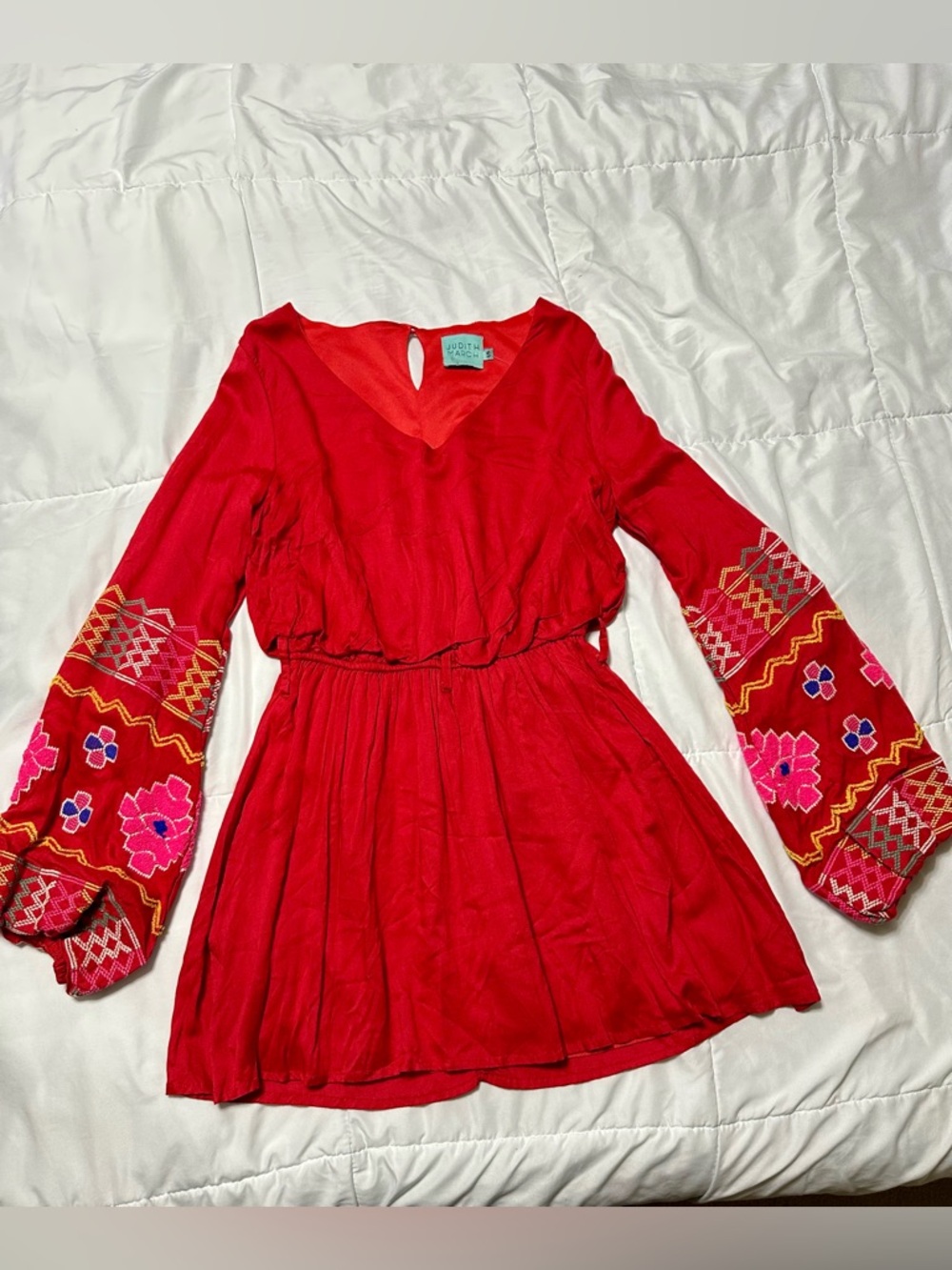 Judith March Gypsy Embroidered Bell Sleeve Dress Size S
